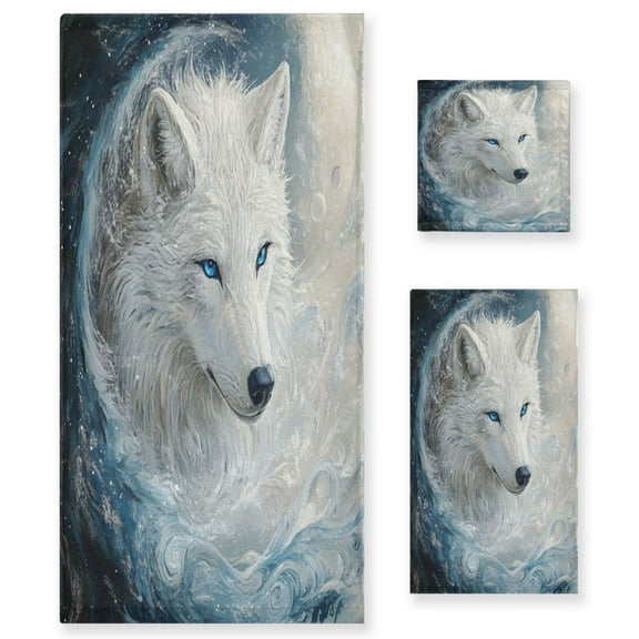 Wobogo White Wolf with Blue Eyes Ultra Soft 3 Pack Cotton Towel Set Includes 1 Bath Towel 1 Face Towel and 1 Washcloth for Everyday Use Lightweight and Compact
