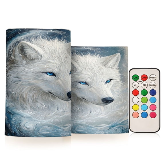 Wobogo White Wolf with Blue Eyes Combo Flameless Flickering Candle Light with Remote Control and Timer for Romantic Atmosphere