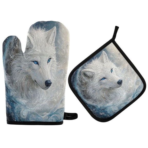 Wobogo White Wolf with Blue Eyes Oven Mitts and Pot Holders 2pcs Set Kitchen Oven Glove High Heat Resistant 200 Degree Surface for Cooking