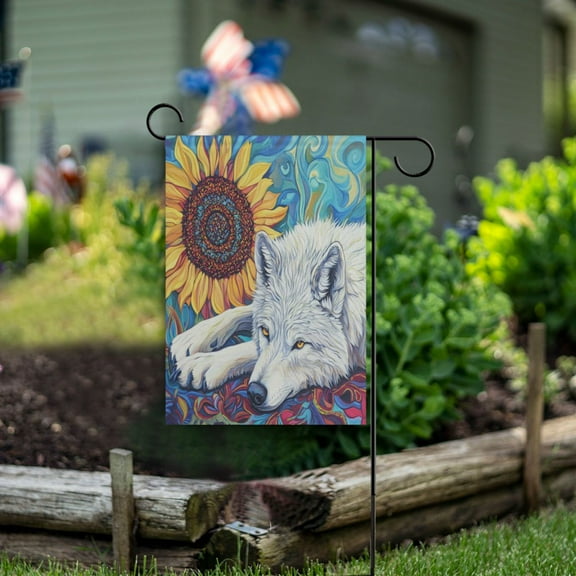 Wobogo White Wolf with Sunflower Garden Flag 28×40 Inch Double Sided For Outdoor Yard Decoration
