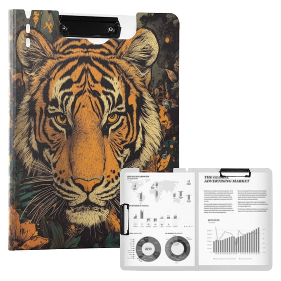 Wobogo Wildflower Tiger Pattern A4 Foldable Clipboard with Horizontal and Vertical Double Metal Clips 360 Degree Foldable Binder Clipboards with Pen Holder
