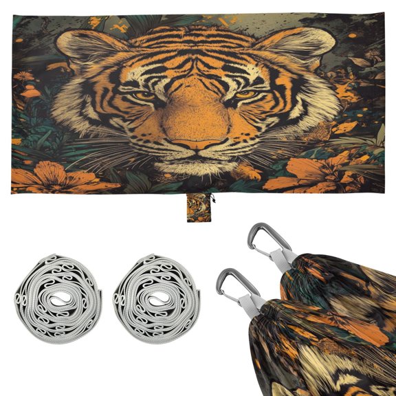 Wobogo Wildflower Tiger Pattern Camping Hammocks 330 lb Capacity with Tree Straps and Hanging Pockets for Outside Hiking Beach Backpack Travel