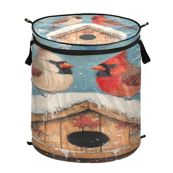 Wobogo Winter Cardinal Bird Foldable Laundry Baskets with Carry Handle Zipper Closure Travel Bathroom College Dorm Essentials
