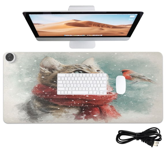 Wobogo Winter Cat Heated Mouse Pad Extra-Large Desk Mat With 3 Heating Levels and 3-hour Auto Shut-Off Protection Ideal for Computer Keyboards Home Office Hand-warming Essential 31.5in × 13in