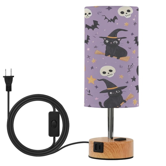 Wobogo Witch Hat Cat Purple Pattern Bedside Lamp Touch Control Table Lamp with USB A+C Charging Ports & AC Outlet 3-Way Dimmable Nightstand Lamp with Linen Fabric Shade for Bedroom Living Room