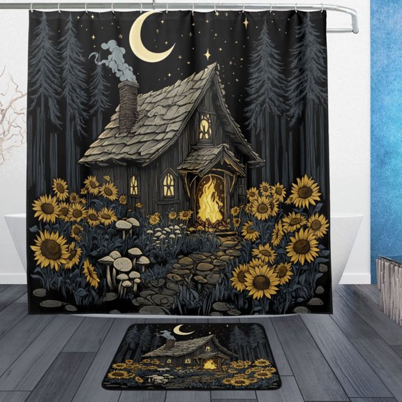 Wobogo Witch Hut Bathroom Shower Curtain Set with Floor Mat and Hooks Ultra Waterproof Visible Slider Beads