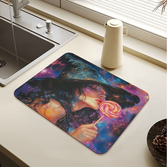 Wobogo Witch Lollipop Dish Drying Mats Diatomaceous Earth Super Absorbent Non-slip Rubber Sole 15.7×11.8in