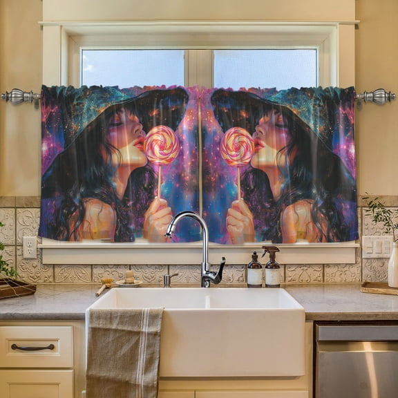 Wobogo Witch Lollipop Kitchen Curtains 2 Piece Set Symmetrical Design Light Filtering Small Window Drapes Suitable for Bathroom Laundry Room and RV 57x24in