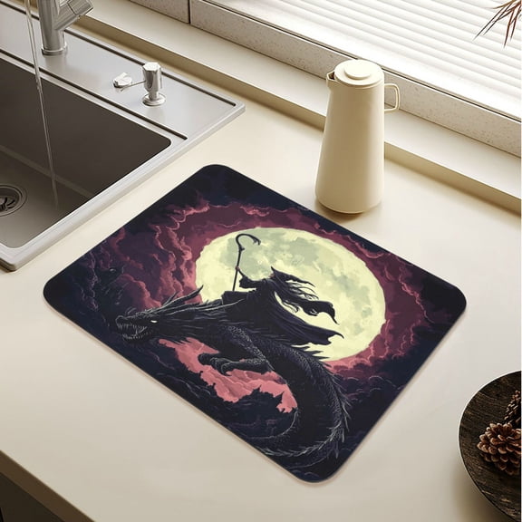 Wobogo Witches and Black Dragon Dish Drying Mats Diatomaceous Earth Super Absorbent Non-slip Rubber Sole 15.7×11.8in