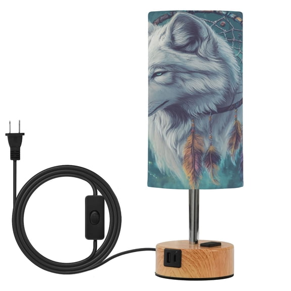 Wobogo Wolf King Dreamcatcher Bedside Lamp Touch Control Table Lamp with USB A+C Charging Ports & AC Outlet 3-Way Dimmable Nightstand Lamp with Linen Fabric Shade for Bedroom Living Room