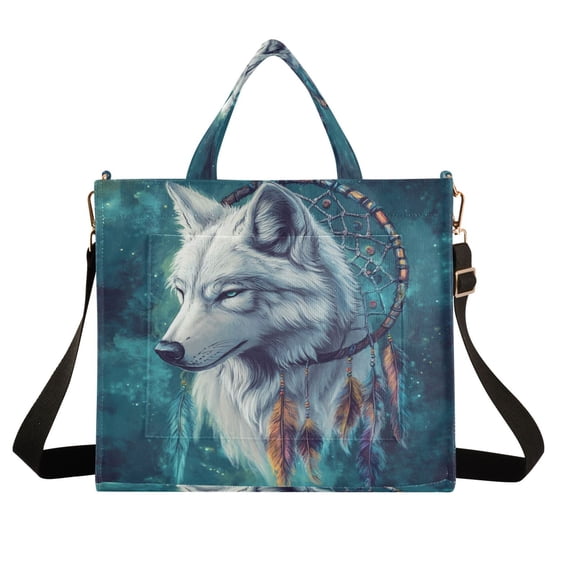 Wobogo Wolf King Dreamcatcher Corduroy Tote Bag for Women Travel Crossbody Bag Purse Women Shoulder Bags Work Handbags Daily Commuter Bag 13.7×12.2inch