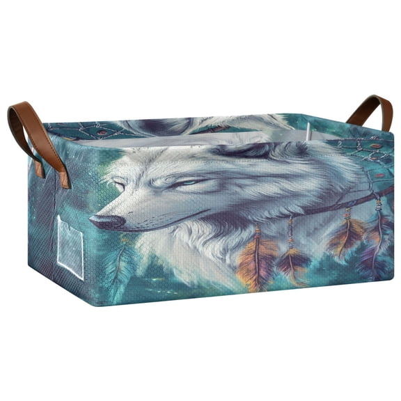 Wobogo Wolf King Dreamcatcher Storage Basket Soccer Plaid Fabric Oversized Collapsible Hoard Box with Metal Iron Frame 16.9×11.4×7.7in