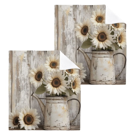 Wobogo Wooden White Sunflower Square Cotton Towel Set of 2 Soft and Skin-friendly with Good Absorbency 12×12in