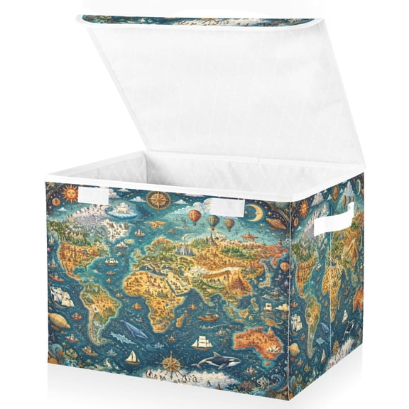 Wobogo World Map Large Collapsible Storage Box Flip Lid Fabric Decorative Organizer Container Basket with Handles 16.512.611.8in