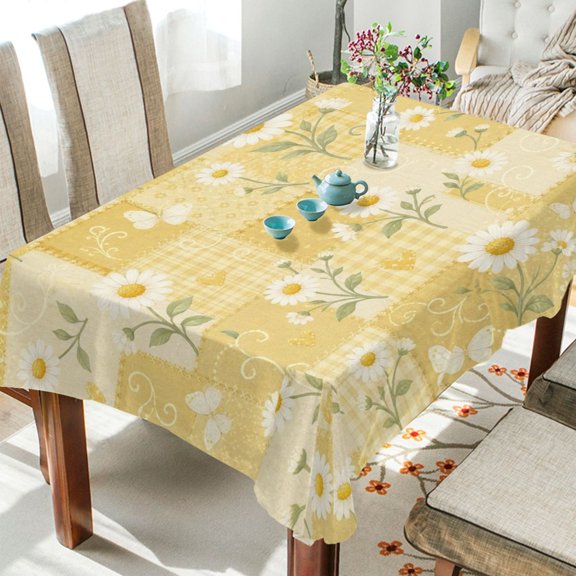 Wobogo Yellow Daisy Patchwork Square Tablecloth 54×54in Polyester Fabric Tablecloth Washable Dust Protection Wrinkle Resistant