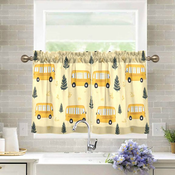 Wobogo Yellow Kindergarten School Bus Pattern Kitchen Curtains 2 Piece Set Farmhouse Country Style Light Filtering Small Window Drapes Suitable for Bathroom Laundry Room and RV 27x24in