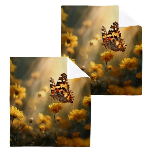 Wobogo Yellow Spot Butterfly Square Cotton Towel Set of 2 Soft and Skin-friendly with Good Absorbency 12×12in