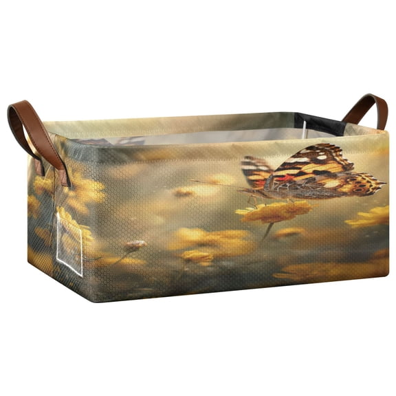 Wobogo Yellow Spot Butterfly Storage Basket Soccer Plaid Fabric Oversized Collapsible Hoard Box with Metal Iron Frame 16.9×11.4×7.7in