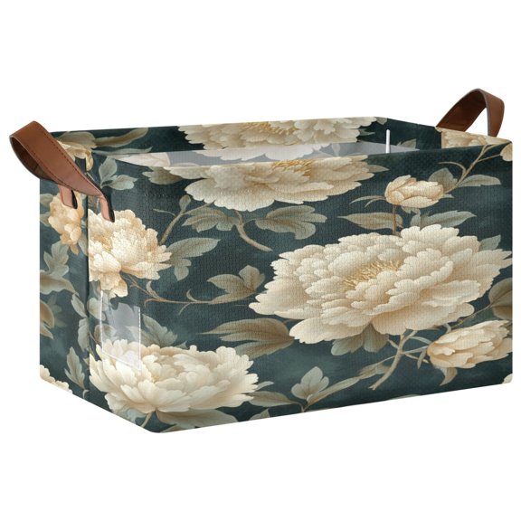 Wobogo Yellowish Peony Storage Basket 16.9×11.4×10in Collapsible Oversized with Metal Iron Frame