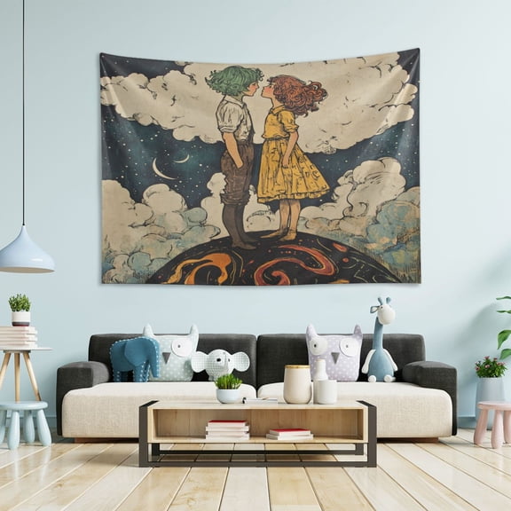 Wobogo Young Lovers Illustration Tapestry 60×51in Home Living Room Bedroom Wall Hanging Ornaments