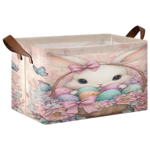 WobogoAdorable Easter Bunny Storage Basket 16.9×11.4×10in Collapsible Oversized with Metal Iron Frame
