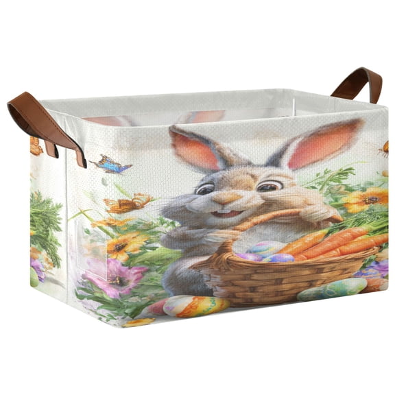 WobogoCartoon Easter Bunny Storage Basket 16.9×11.4×10in Collapsible Oversized with Metal Iron Frame