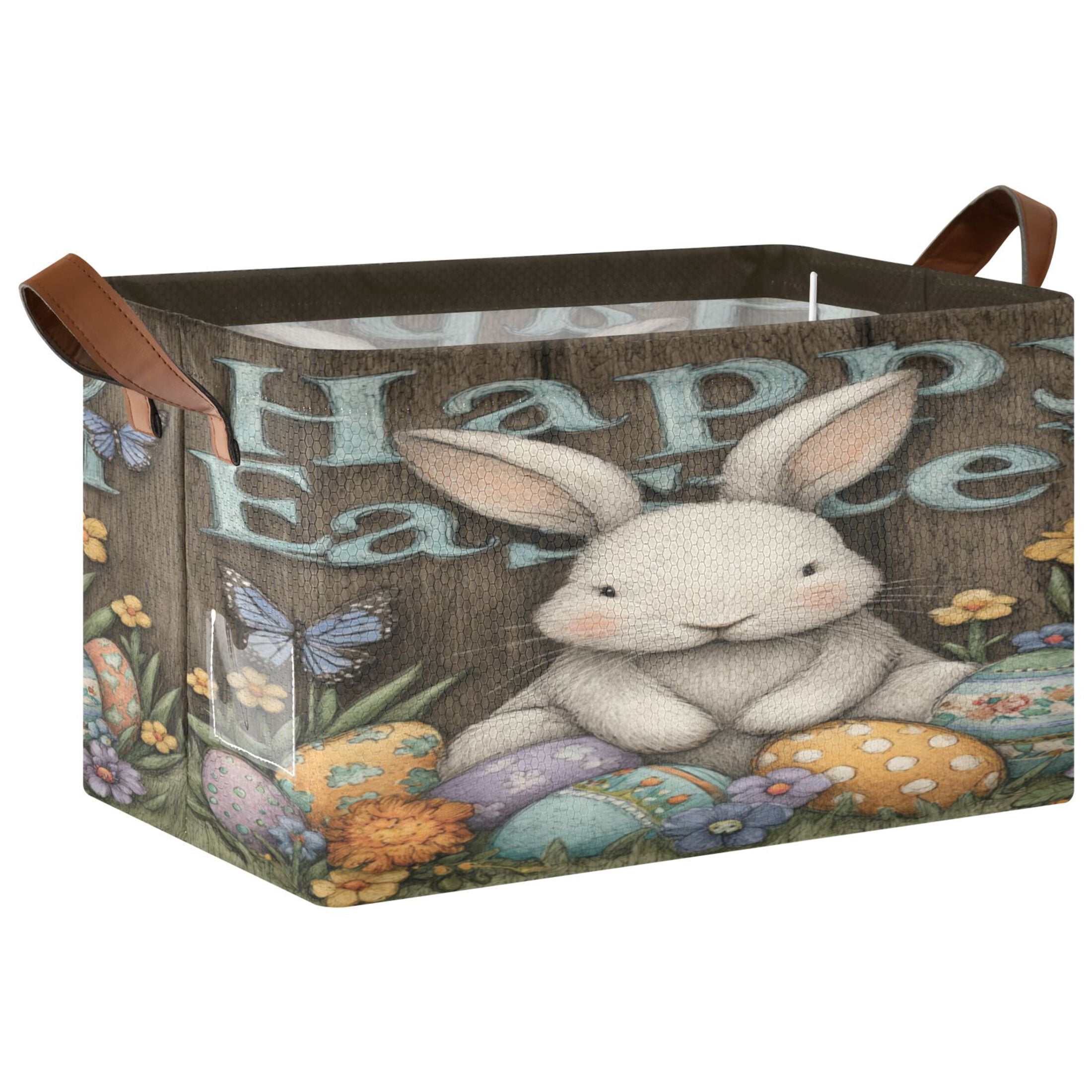 WobogoCute Easter Bunny Storage Basket 16.9×11.4×10in Collapsible Oversized with Metal Iron Frame