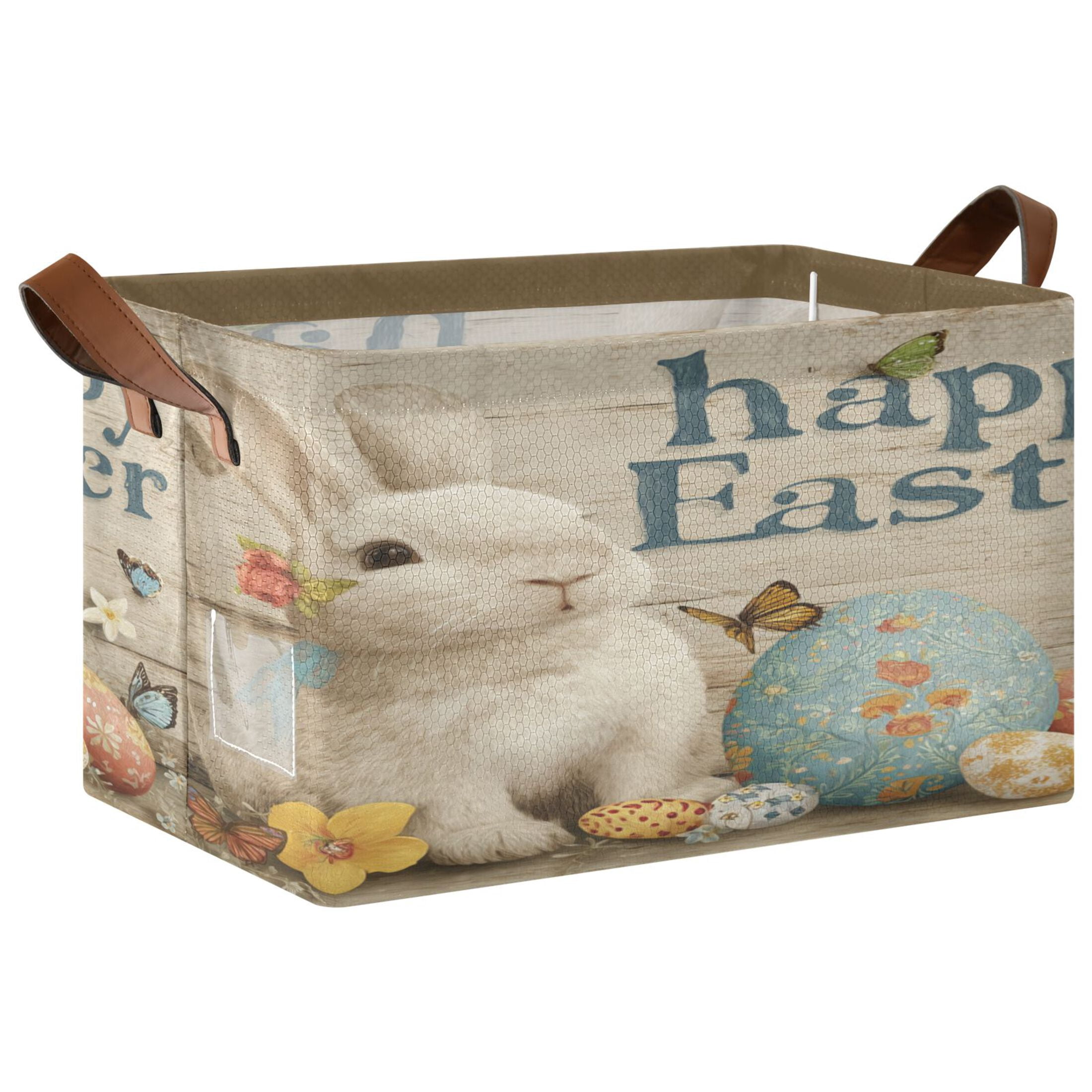 WobogoHappy Easter Bunny Storage Basket 16.9×11.4×10in Collapsible Oversized with Metal Iron Frame
