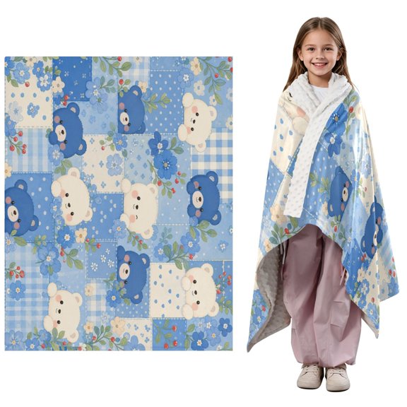 Wobogos Cute Patchwork Bears Throw Blankets 60x50in Double Layer Soft Plush Crystal Velvet Blanket with Raised Dot Texture