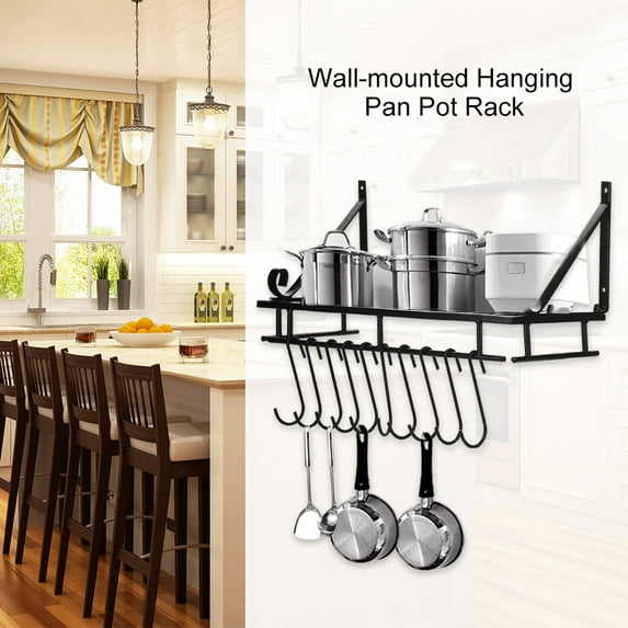 Wobythan 18 Inch Household Wall Mounted Pot Rack - Mounted Hanging Rack for Kitchen Storage and Organization with 10 Hooks, Black
