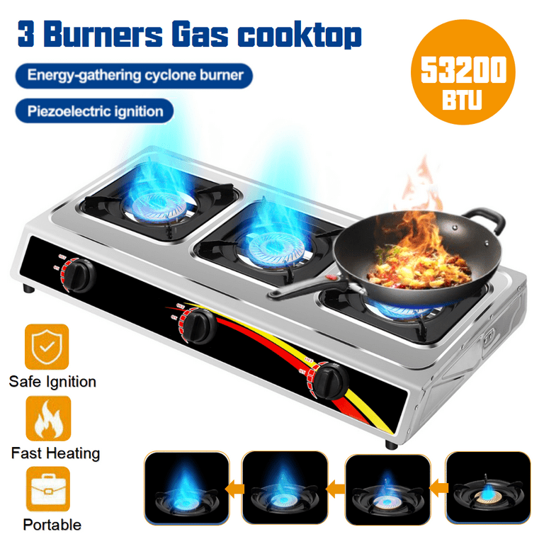 Jadeshay Propane Gas Cooktop 3 Burners Gas Stove Portable Gas Stove  Thickened Stainless Steel Double Burners Stove Auto Ignition Camping Double  Burner