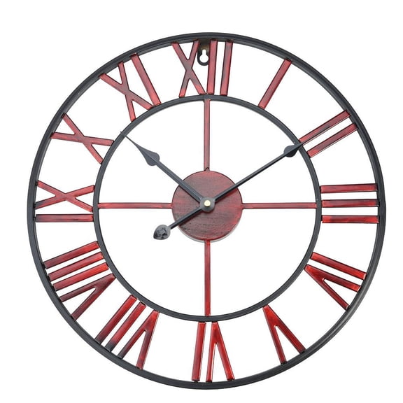 Wobythan Classic Metal Large Round Iron Wall Clock Roman Numerals Home Decor (Burgundy 40cm in Diameter)