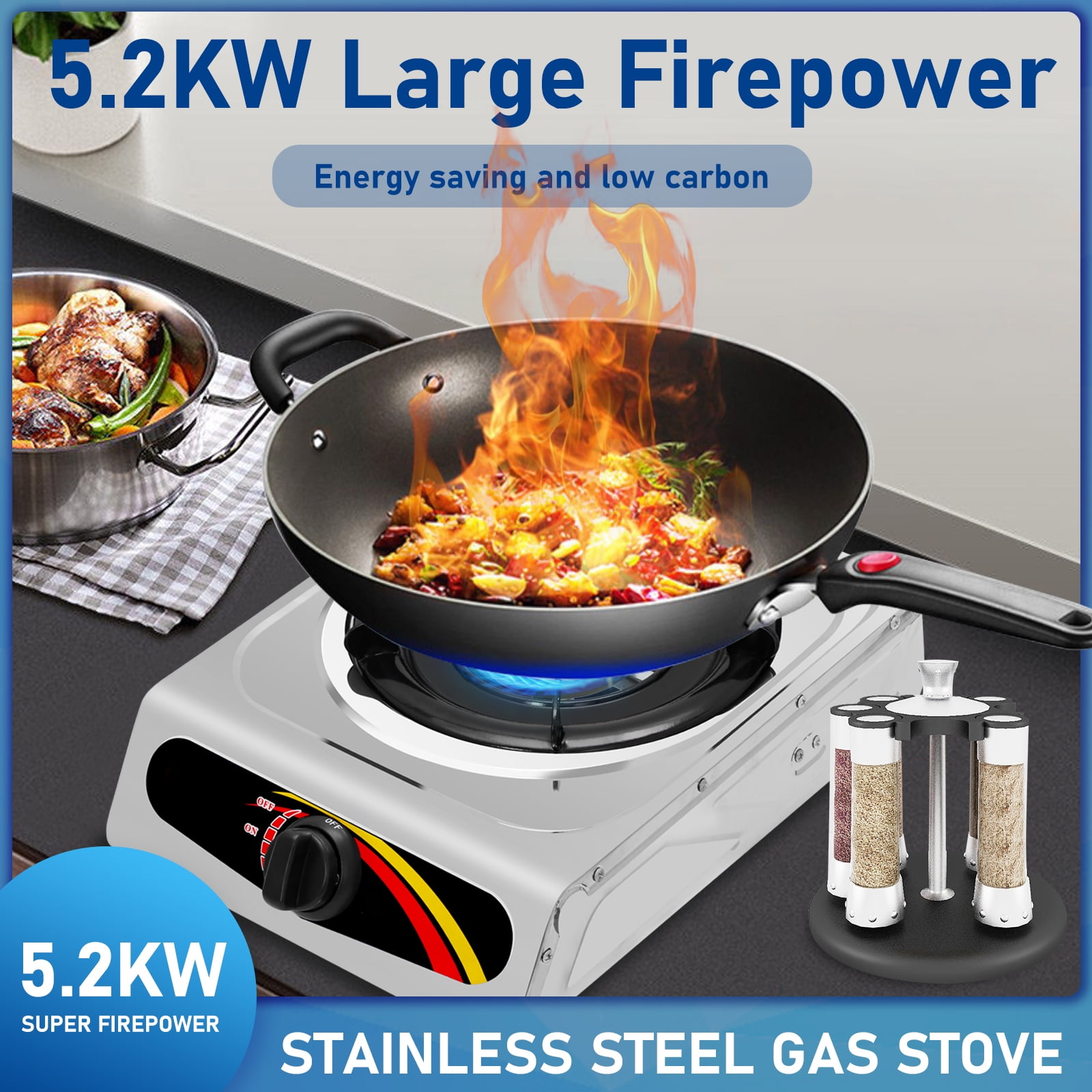 Desktop Gas Stovetop, Stainless Steel 1 Burners Gas Cooktop, Home Kitchen  Apartments Gas Countertop Stove, Thermocouple Protection, Easy to Clean