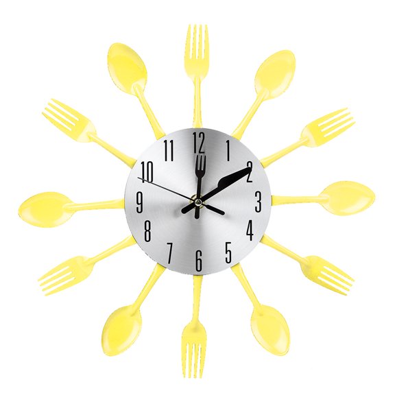 Wobythan Stainless Steel Cutlery Clock Knife and Fork Spoon Wall Clock Kitchen Decoration Yellow