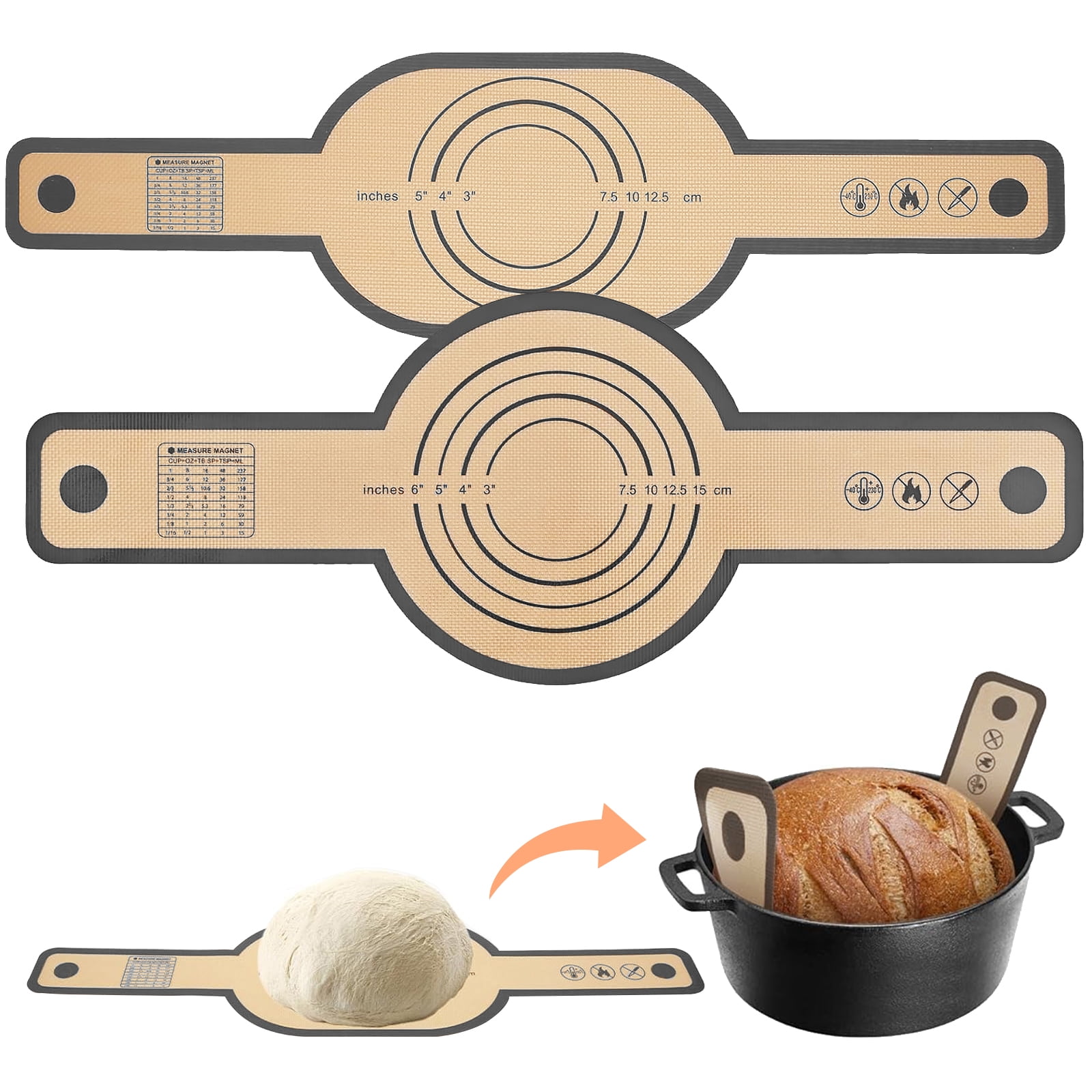 WochiTV 2Pcs Silicone Baking Mat, Silicone Bread Sling Dutch Oven Liner, Non-Stick & Easy Clean Reusable Oval and Round Silicone Bread Baking Mat with Long Handles, Easy to Transfer Sourdough Bread