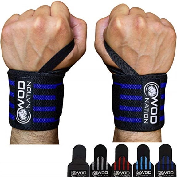 wod nation wrist wraps weightlifting - weight lifting wrist wraps for men & women (12" or 18") (12 inch - black/dk blue)