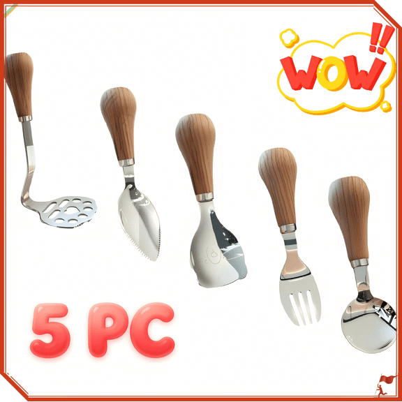 Wodellrrea 304 Stainless Steel Kitchen Utensil Set of 5 with Ergonomic Wooden Handle, Complete Tools for Various Food Preparation, Premium Kit for Home and Rental Kitchen
