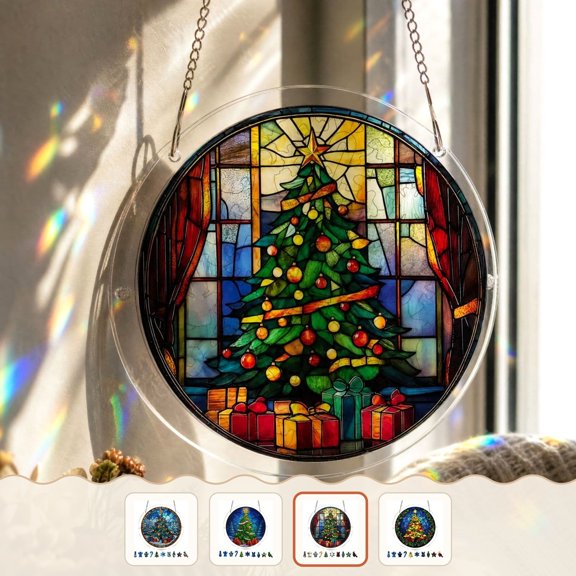 Wodellrrea Christmas Acrylic Suncatcher Puzzle, Tree Window Hanging Ornament, Stained Glass Style Decor, Red Window Tree, Colorful DIY Assembly Craft with Hanging Chain for Indoor Window Display