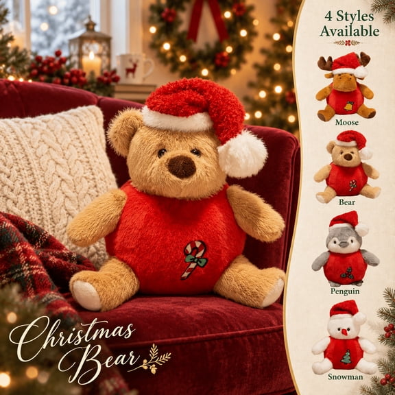 Wodellrrea Christmas Bear Plush Stuffed Animal with Santa Hat, Soft Holiday Decor for Sofa, Tabletop and Shelf, 9.8 in, 1 Pack