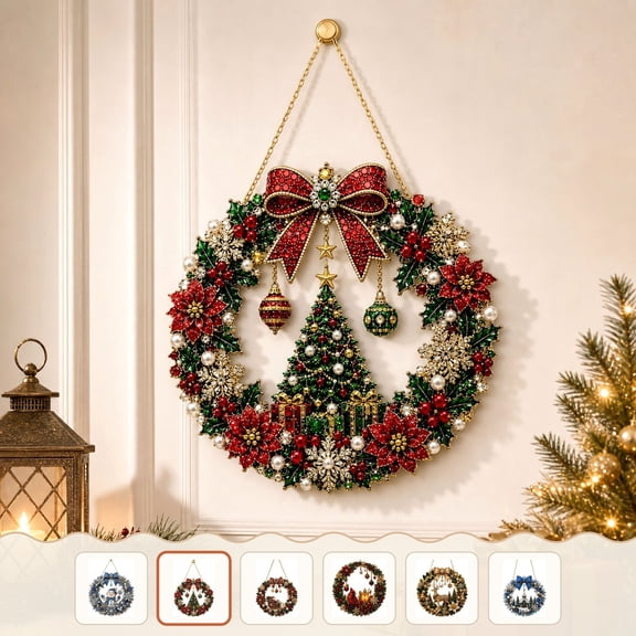 Wodellrrea Christmas Pearl Diamond Art Wreath Kit, DIY Hanging Craft, Decorative Beaded Holiday Ornament, Christmas Tree, Festive Acrylic Art Project for Indoor Door Wall and Window Display