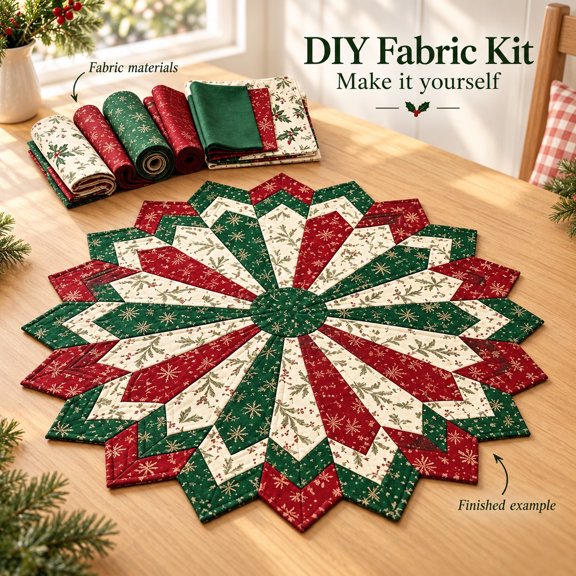 Wodellrrea Holly and Snowflake Star Christmas Table Topper Quilt Kit, DIY Fabric Patchwork Sewing Set with Thread and Templates, Starburst Holiday Table Centerpiece Project, Materials Kit Only