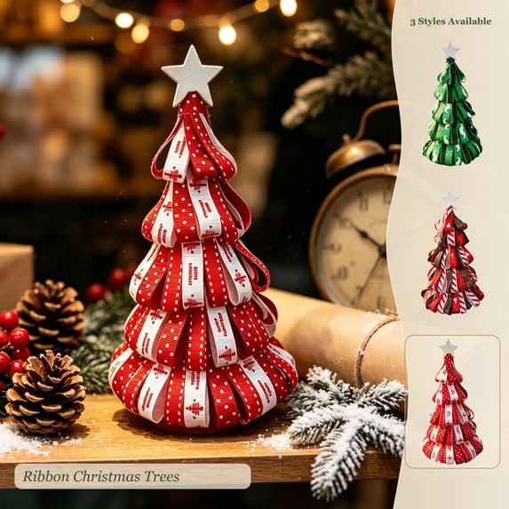 Wodellrrea Mini Ribbon Christmas Tree, Red Tabletop Holiday Decoration, Star Topped Fabric Tree Centerpiece for Indoor Mantel, Shelf, Dining Table and Festive Home Decor and Seasonal Gift