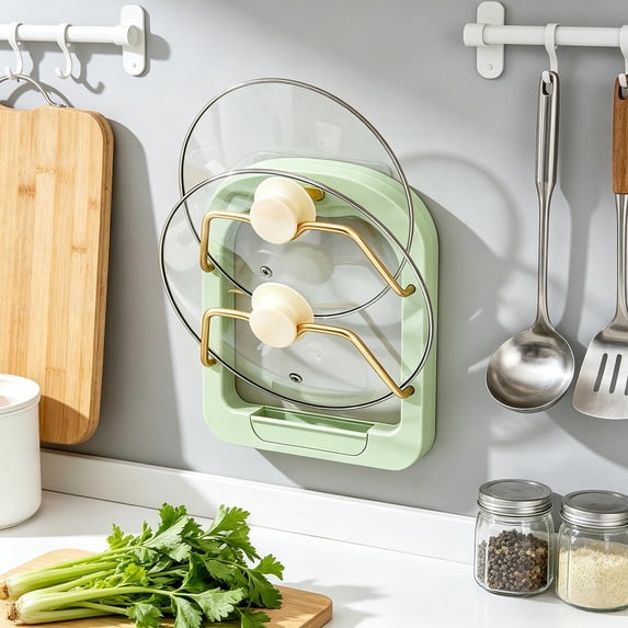 Wodellrrea Punch-Free Wall Hanging Pot Lid Rack, Durable Plastic Kitchen Storage Holder for Cutting Board, Mint Green Space-Saving Organizer