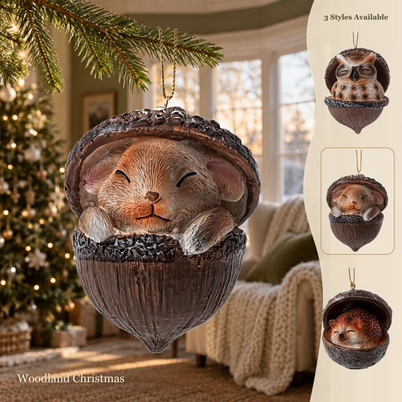 Wodellrrea Small Woodland Animal Christmas Ornament, Resin Acorn Hanging Decoration, Sleeping Bunny Tree Pendant for Indoor Holiday Display, Wreaths, Garlands and Rustic Home Decor