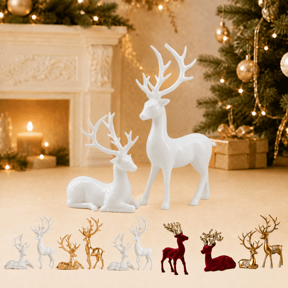 Wodellrrea White Resin Reindeer Figurines, Set of 2 Standing and Lying Deer Statues for Christmas Tabletop Mantel Shelf Winter Home Decor