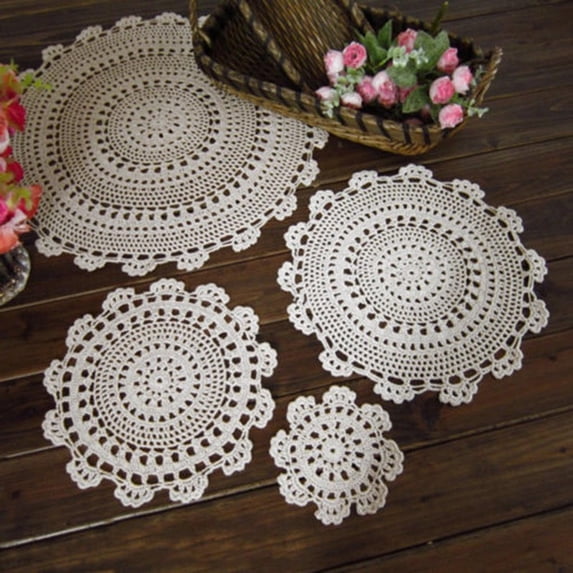 Wodtesl Luxury Handmade Crochet Flowers Cotton Lace Round Tablecloth Wedding Doily Mat Dining Coffee Table Cloth Placemat Coaster Decor