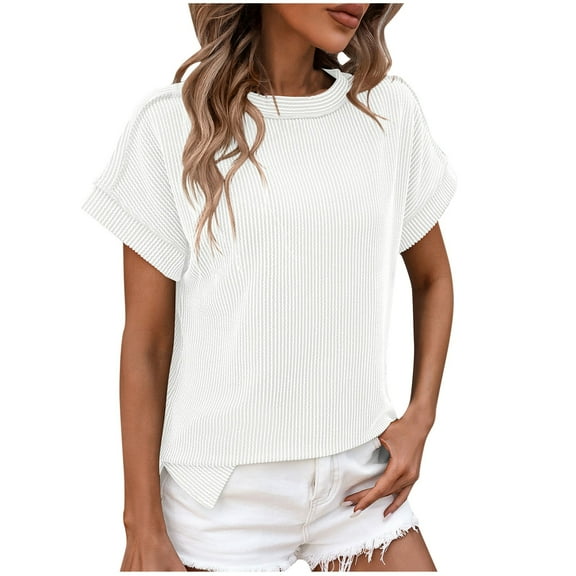 Woemn Plus Size Tops Short V Neck Sleeve Shirts Basic Tee Casual Tunics Loose Fit Tshirts Summer Striped Shirt