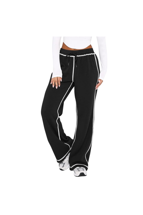 Woemn's Straight Sweatpants Striped Drawstring Elastic Waist Wide Leg Joggers with Pockets Black S