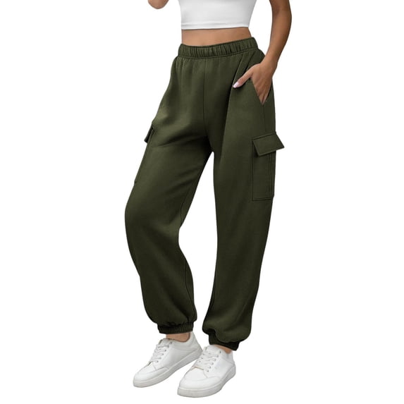 Woemn's Sweatpants Elastic Waist Loose Solid Cuffed Cargo Joggers with Pockets Olive Green XL
