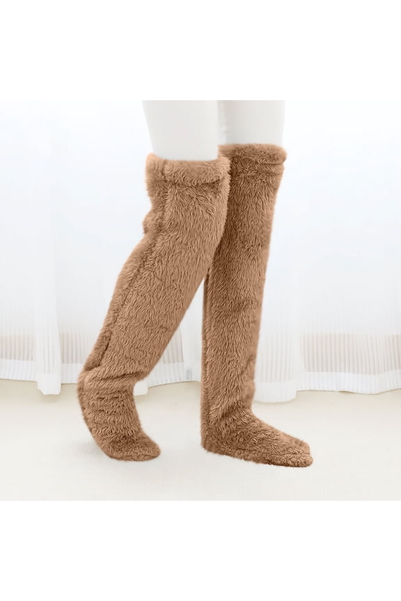 Cozy Paws Thigh High Fuzzy Socks - Plush Teddy Bear Non-Slip Warm for Women & Men, Sleeping Lounge Winter Brown One Size